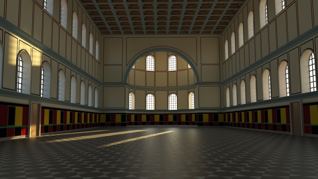 Screenshot aus einem Rekonstruktionsprojekt zu Wandmalereien in der Kölner Aula. Durch die Fenster fällt Licht in einen großen leeren Raum.